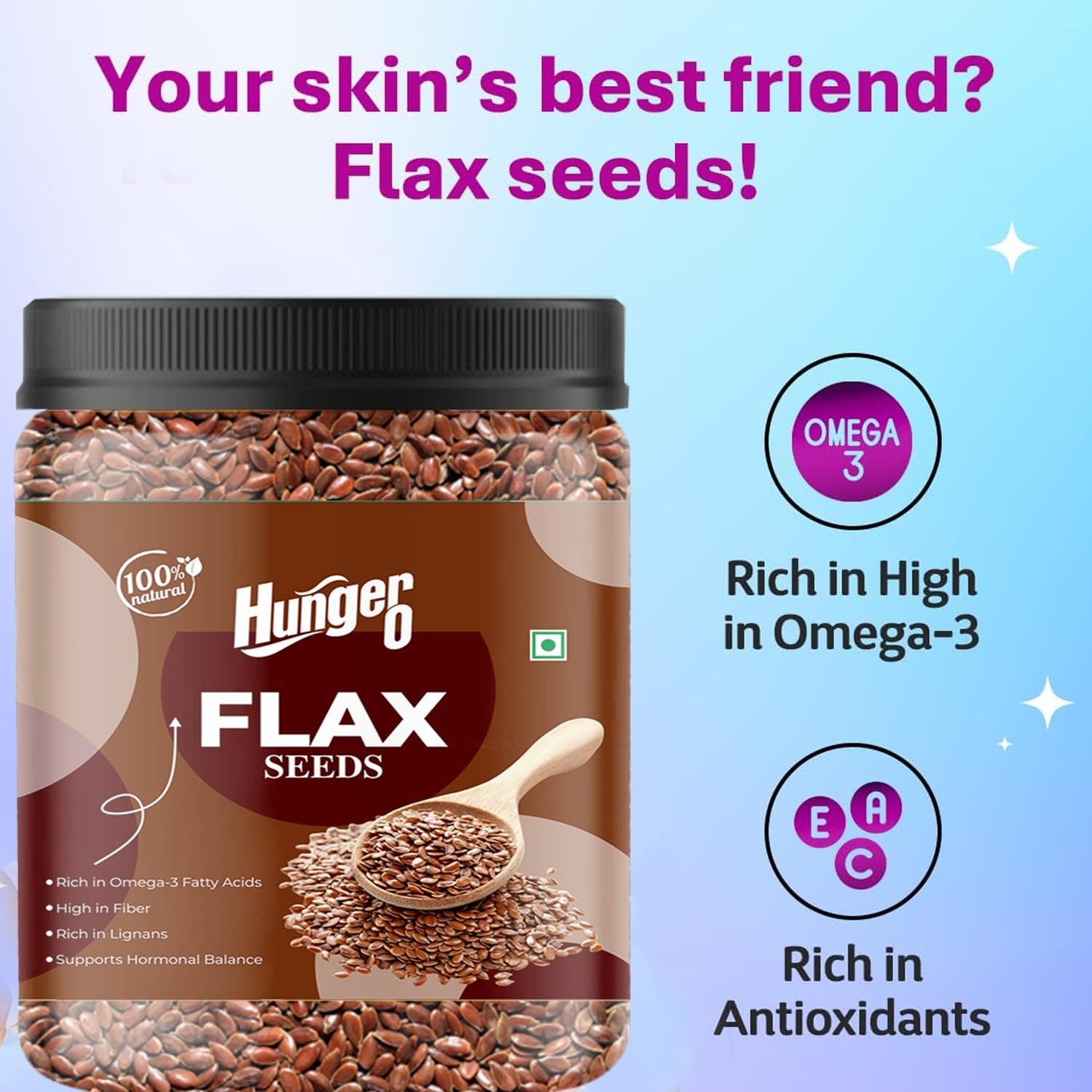 Hunger 0 Flax Seeds 250g | Raw Unroasted Alsi Seeds | Premium Natural Whole Flaxseed Rich in Fiber & Plant Protein | High Omega-3 Source | Healthy Diet Snack for Smoothies, Baking & Daily Nutrition