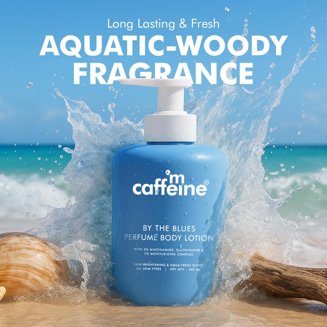 Blue bottle of caffeine by the Blues perfume body lotion with ocean background