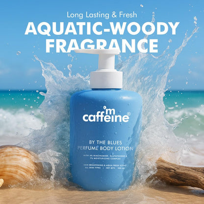 Blue bottle of caffeine by the Blues perfume body lotion with ocean background
