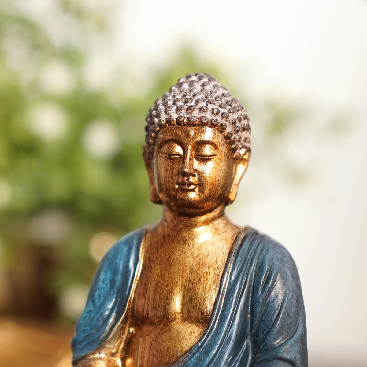 PURE HOME + LIVING Dark Blue Antique Gold Polyresin Sitting Buddha - Small Statue | for Office, Temple, Home Decor, Gifts, Mahavirjayanti & Living Room | Peaceful Buddha Sculpture (Pack of 1)