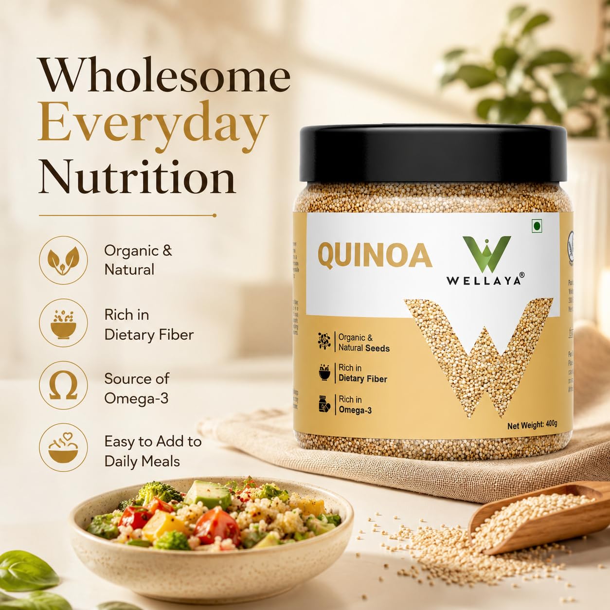WELLAYA Quinoa Seeds | High Protein & Fiber Quinoa Seeds for Eating | Rich Nutrient Whole Grain | Healthy Food