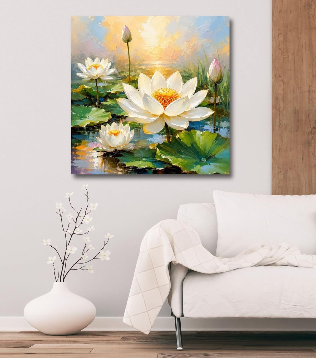Lotus Flower Painting for Wall Vastu (15+ DESIGNS) Framed Lotus Canvas Painting for Living Room, Bedroom | Nature Floral Wall Art with Multiple Design Variations (White Lotus, 18x18 Inch, Framed)