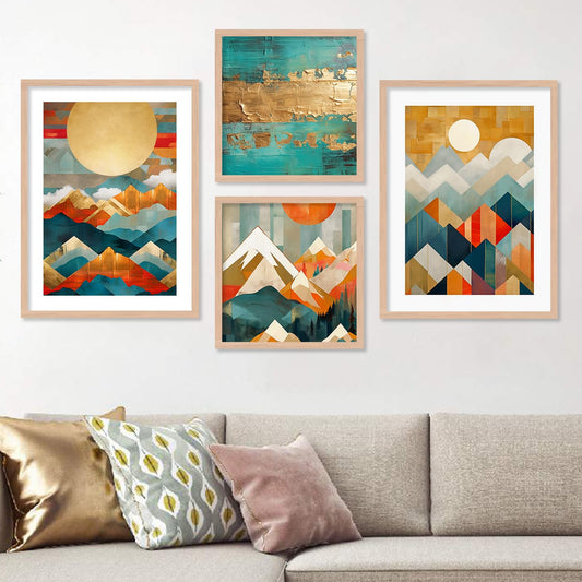 Wood Premium Digital Paintings With Frame For Home Decoration - Painting For Living Room Bedroom Office - Pack Of 4 (D)