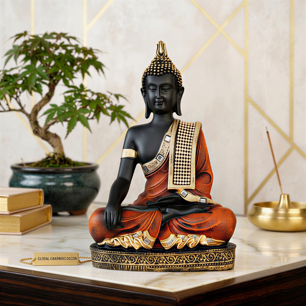 Buddha Idol Statue | Home Decoration Items for Living Room (Orange Black)