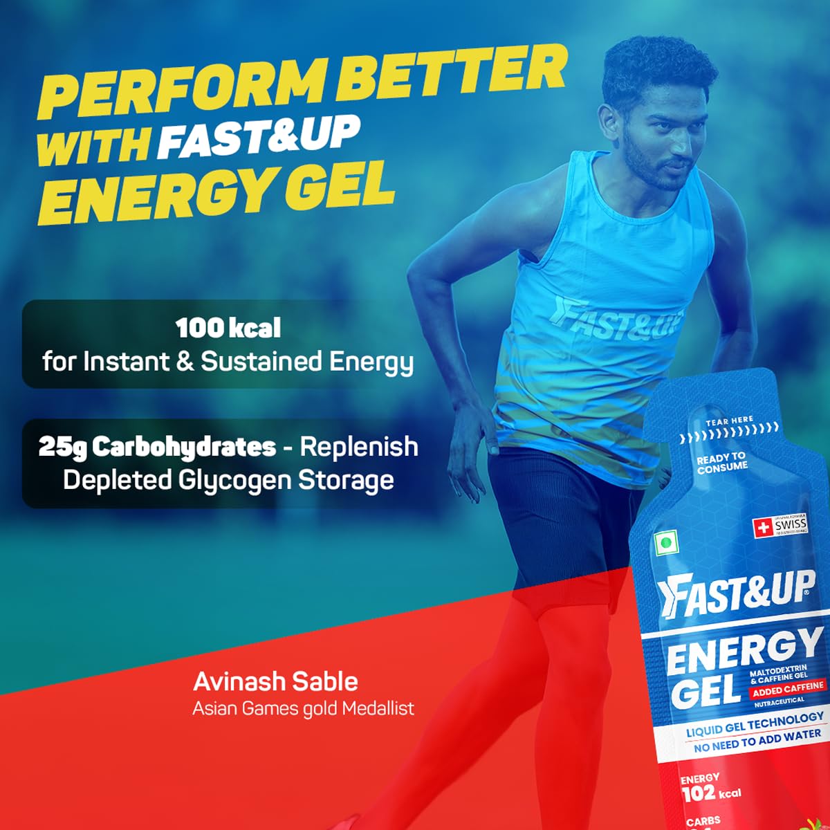 Fast&Up Energy Gel- Strawberry Banana flavour (Caffeinated) - Pack of 6 Gel Sachets, 39g per sachet- For Instant energy boost, Improved endurance and performance