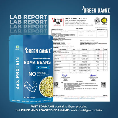 Green Gainz Roasted Edamame Classic Flavour – 100gm | 100% Veg High Protein Snack | No Added Sugar | Non-GMO | Rich in Fiber | No Gluten