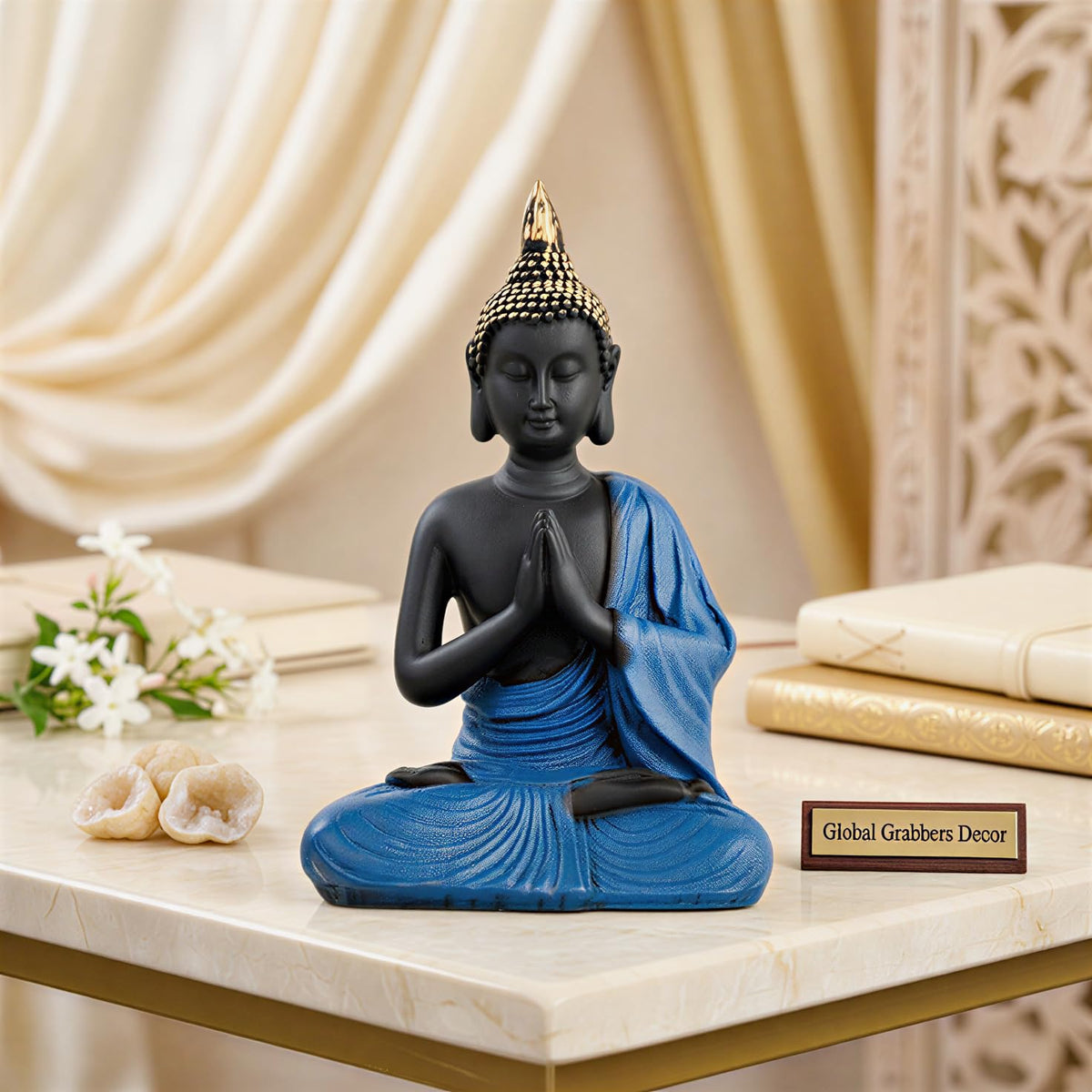 New Namaste Praying Buddha Statue showpiece Idol Home Decor Items for Living Room and Gifts (Blue Black)