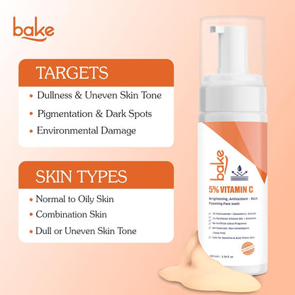 BAKE 5% Vitamin C Foaming Face Wash with Niacinamide | Brightening Face Wash for Pigmentation, Dark Spots & Uneven Skin Tone | Antioxidant Rich Cleanser for Dull, Normal to Oily Skin – 100ml