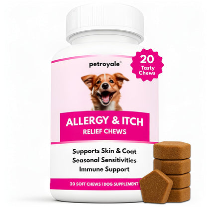 Petroyale Allergy & Itch Chews for Dogs | Anti-Allergy & Anti-itching Supplement - Relief from Allergies, Hot Spots, Dry Skin, Scratching for Dogs - Grape Seed Extract & Rosemary | 20 Soft Chews