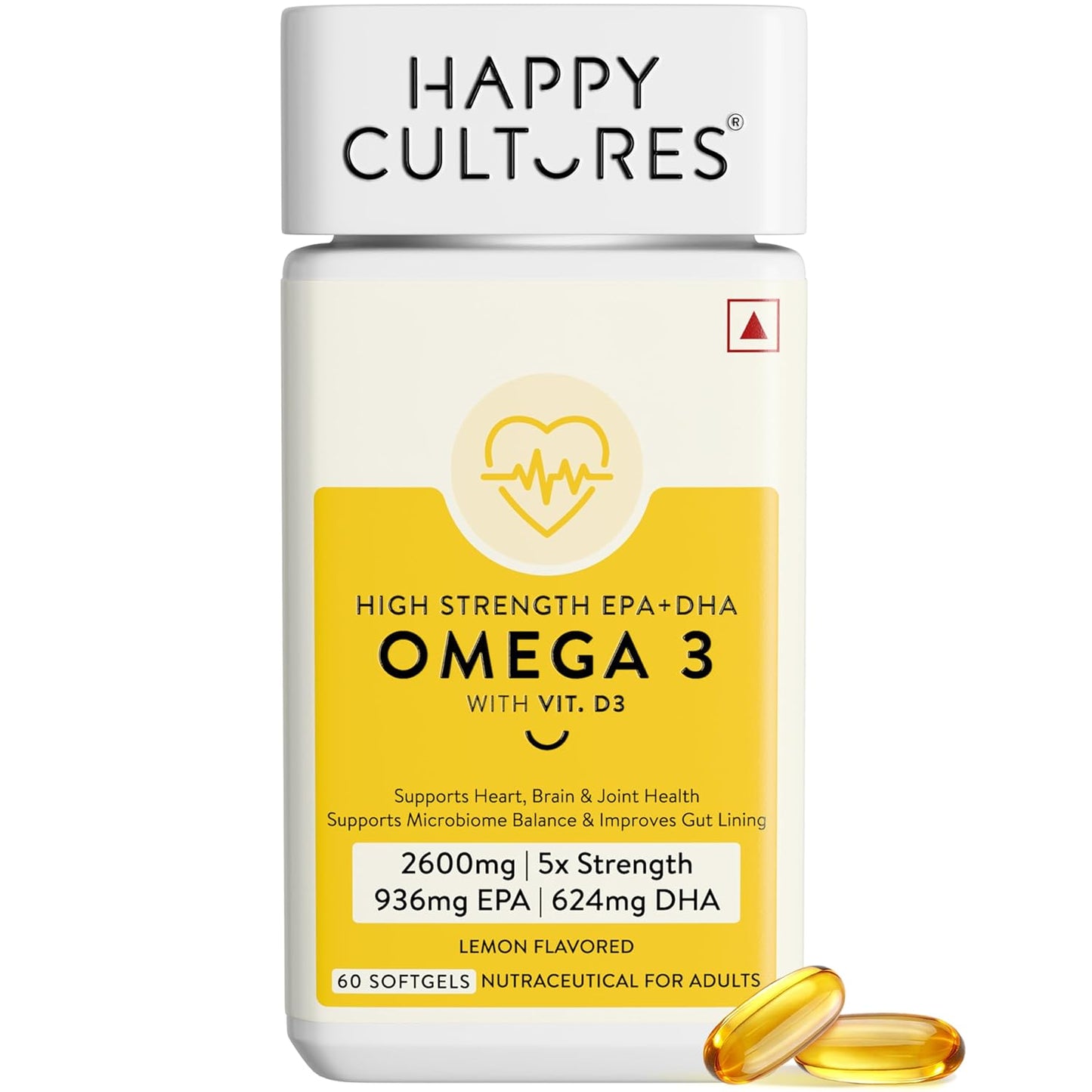 Happy Cultures 5X Omega 3 Fish Oil Capsules | 5X Strength 2600 Mg | 936 mg EPA & 624 mg DHA | No Fishy Burp | For Brain, Heart, & Joint Health | Lab Tested | Lemon Flavour- 60 Softgel for Men & women