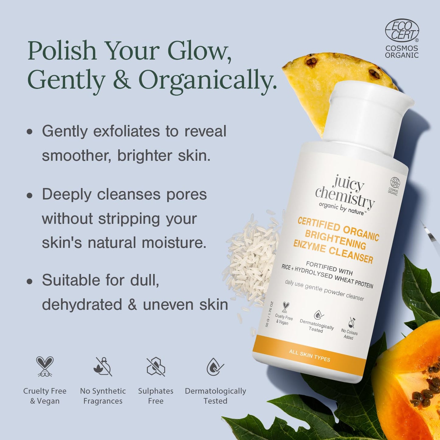 Juicy Chemistry Certified Organic Brightening Enzyme Cleanser, 50 g | Natural Fruit Enzyme Facial Cleanser | Gentle Daily Exfoliation Powder with Papaya, Pineapple, Pentavitin, Aloe | Vegan, Cruelty-Free