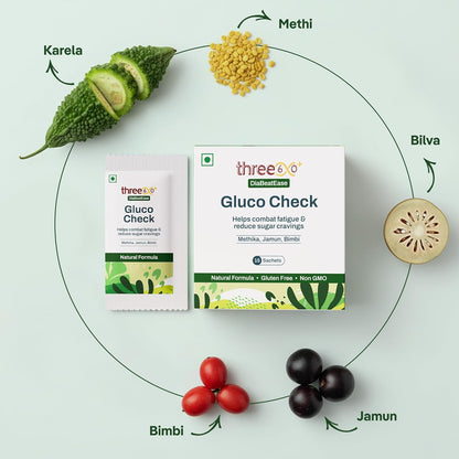 three60+ Gluco Check Powder | Diabetic Care & Diabetes Control Powder | Clinically Proven Diabetic Supplement for Blood Sugar Level | Better than Juice with Only Jamun, Karela | Natural, Non-GMO, Gluten Free | 15 Sachets | 15 Day Pack (Pack of 1)