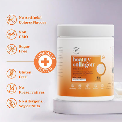 Wellbeing Nutrition Beauty Collagen with Hyaluronic Acid | Collagen Supplements for Women & Men | Collagen Powder with Biotin and Vitamins for Skin Radiance & Anti-Aging | 250g - Mango Peach Flavor