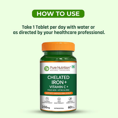 Pure Nutrition Chelated Iron Supplement for Women and Men | Folic Acid Tablets for Pregnancy | Hemoglobin Booster & Maintains Irons Level | with Zinc, Vitamin C & Vitamin B12 - 60 Veg Tablets for Hair Growth with Iron Bisglycinate
