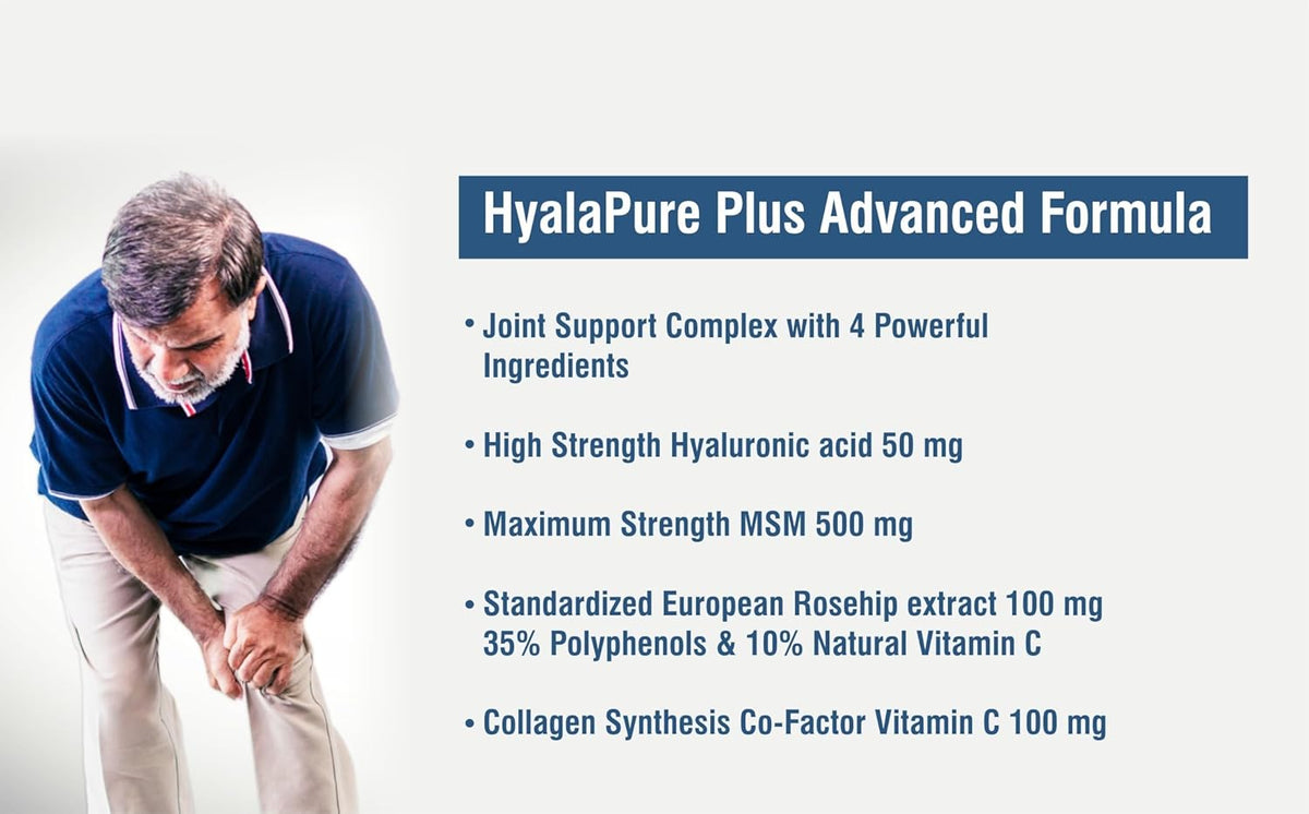 Advertisement for HyalaPure Plus Advanced Formula with a man holding his knee.