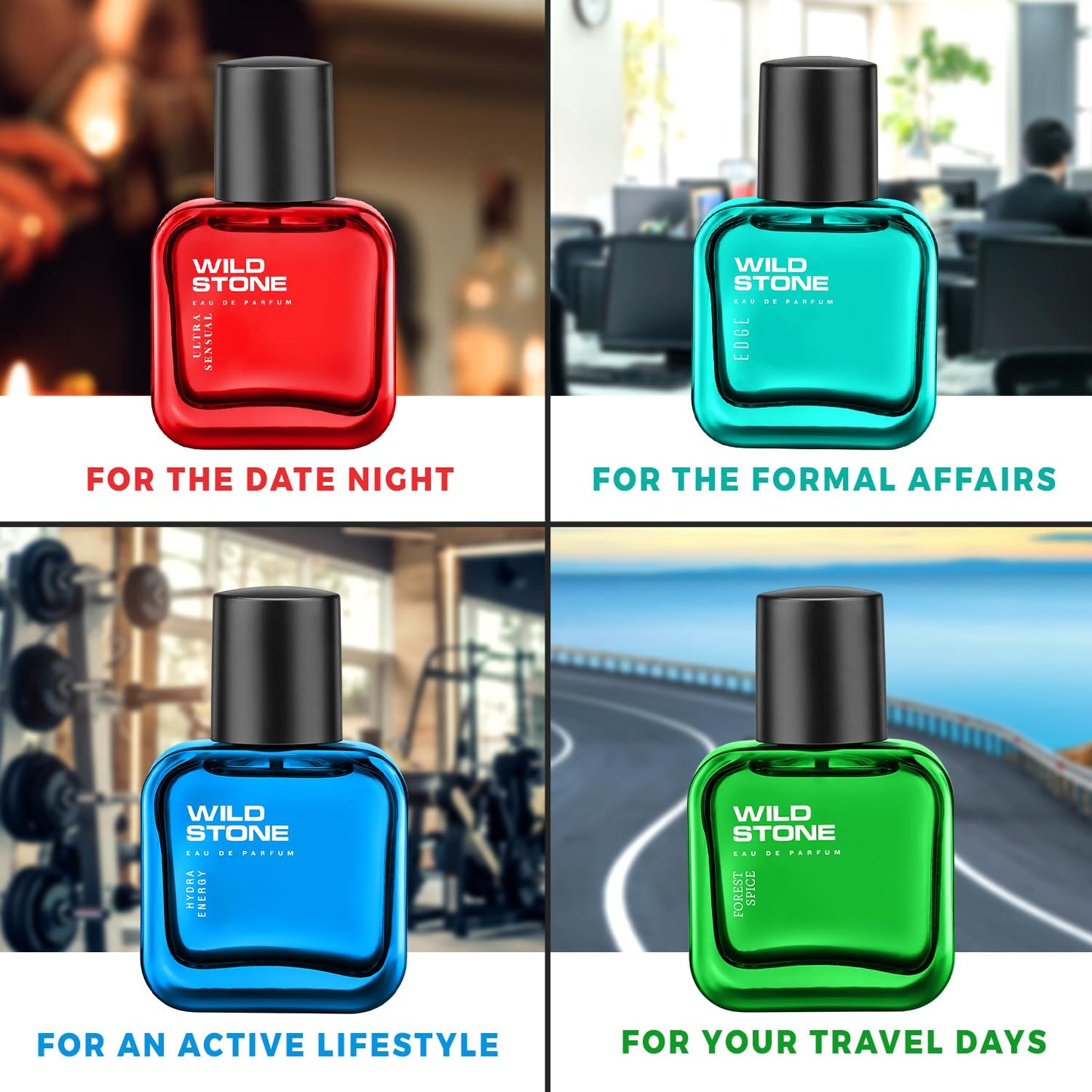 Four Wild Stone perfume bottles in different colors with text describing their uses.