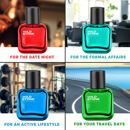 Four Wild Stone perfume bottles in different colors with text describing their uses.