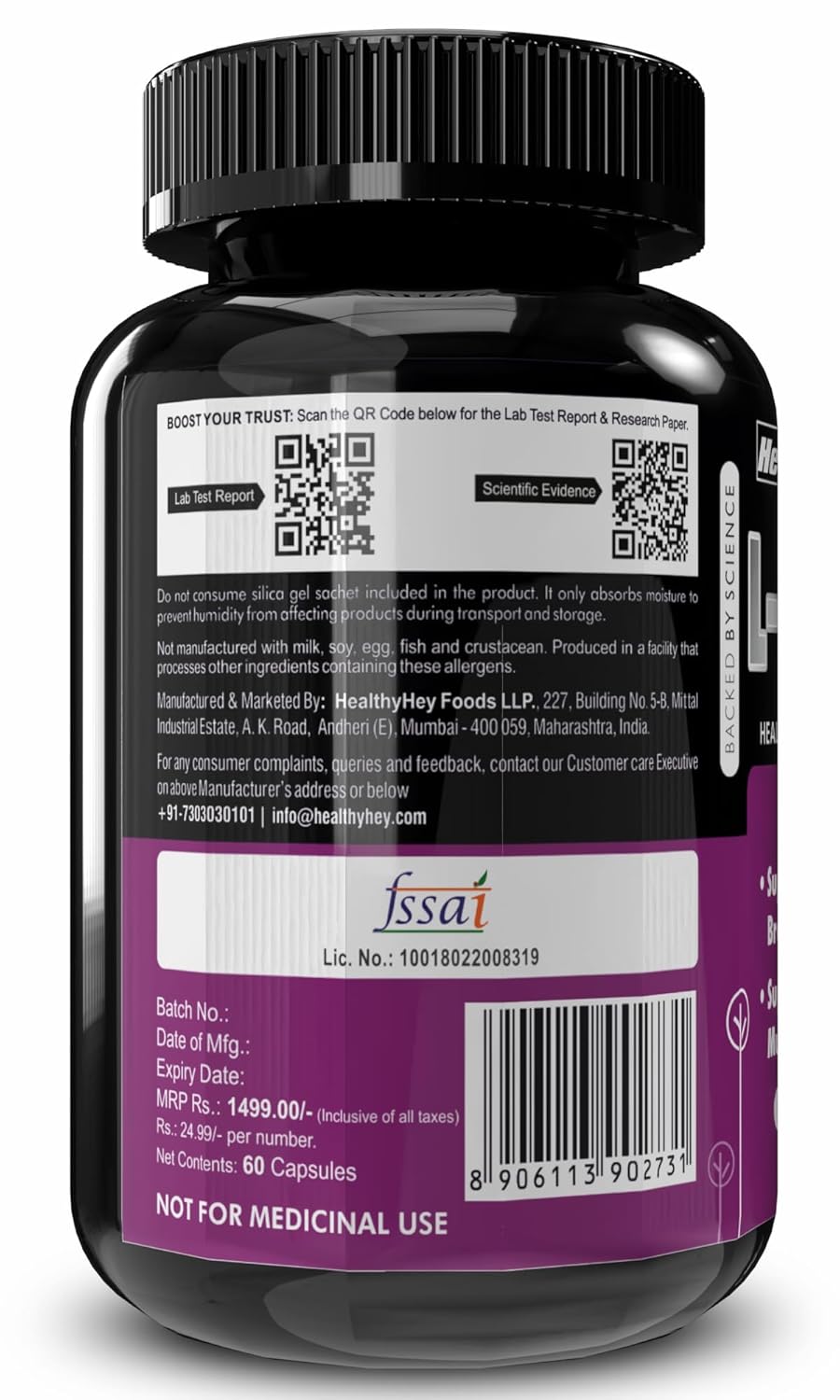 Black and purple supplement bottle with label details on a white background