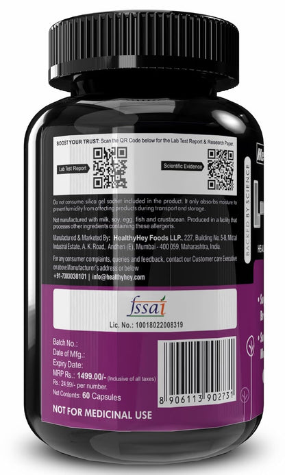 Black and purple supplement bottle with label details on a white background