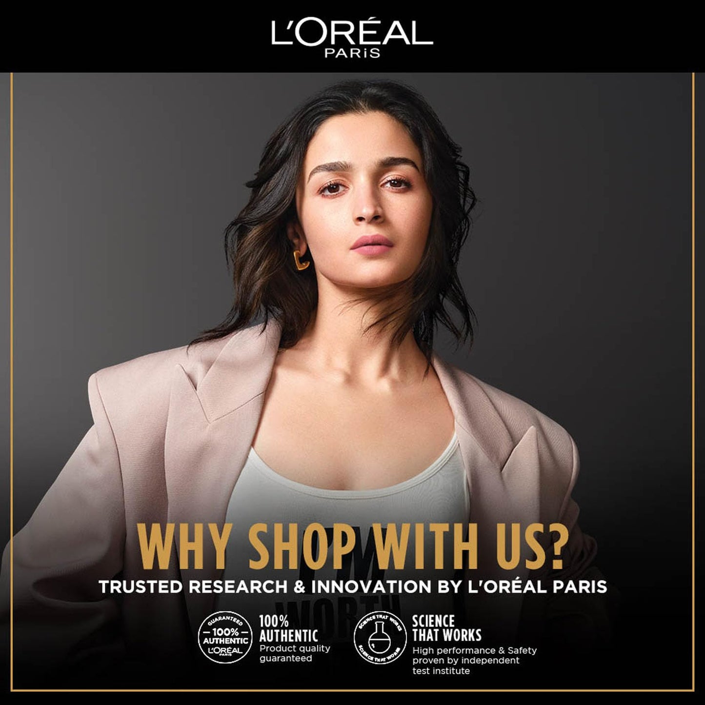 L'Oreal Paris advertisement featuring a woman with text about their brand's research and innovation.