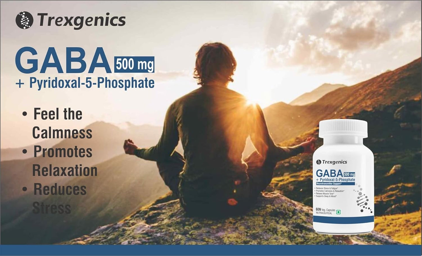 Person meditating with Trexgenics GABA supplement bottle on a mountain background