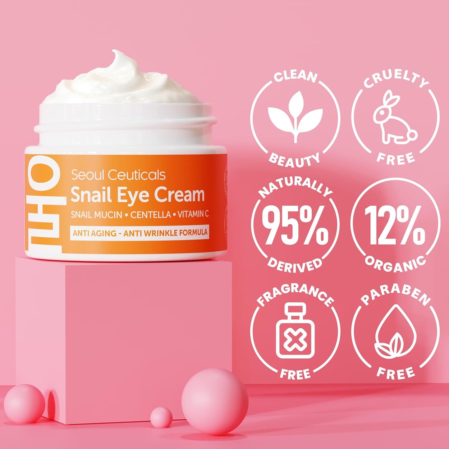 SeoulCeuticals Korean Snail Mucin Under Eye Cream – 97.5% Snail Filtrate with Centella & Vitamin C – K-Beauty Anti-Aging, Anti-Wrinkle, Dark Circles Cream – 0.5 oz