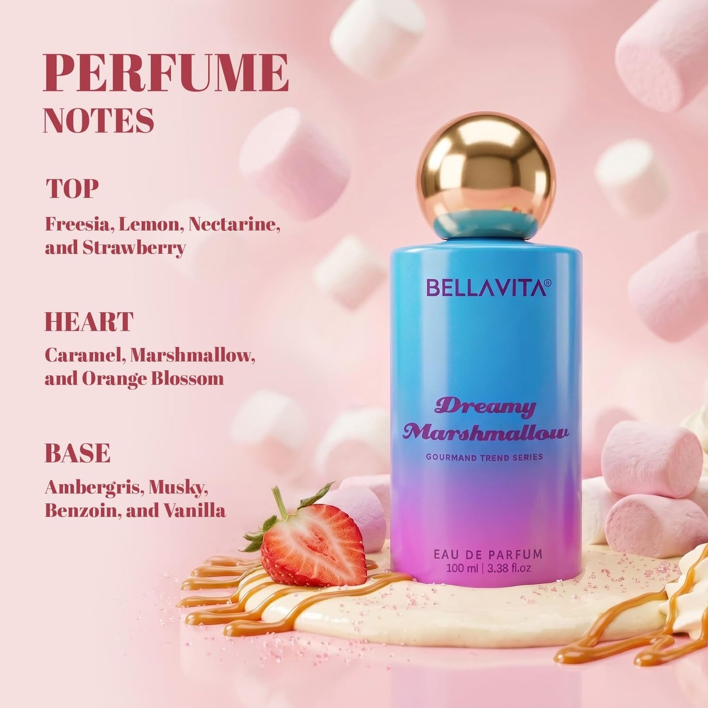 BELLAVITA Dreamy Marshmallow | Long Lasting EDP | 100ml | Perfume for Man | Perfume for Woman | Smells Like a Snack | Marshmallow, Strawberry, Vanilla & Musk | Premium Unisex Gourmand Fragrance