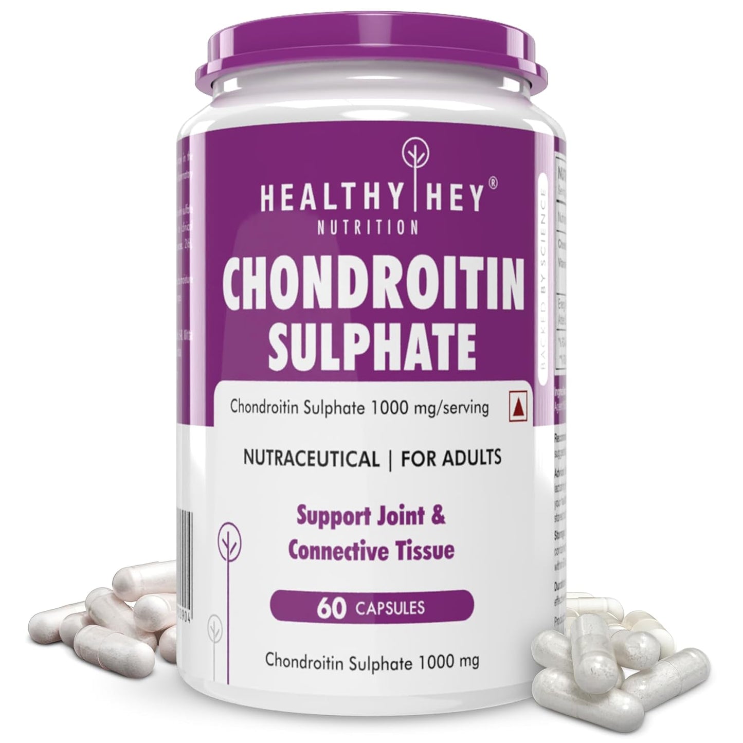 Container of Healthy Hey Nutrition Chondroitin Sulphate supplement with purple and white design.