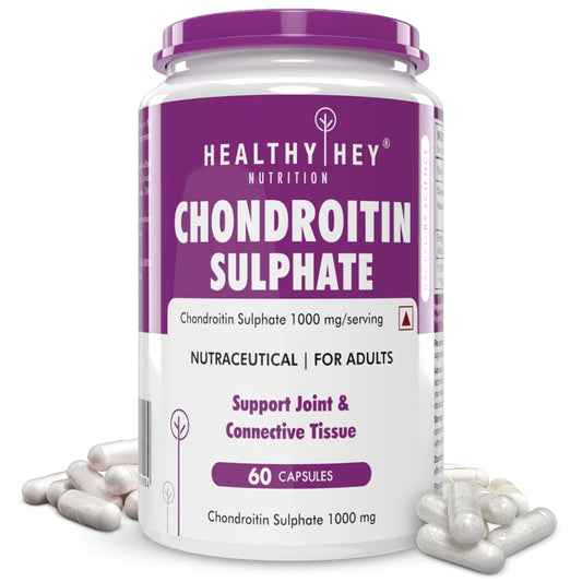 Container of Healthy Hey Nutrition Chondroitin Sulphate supplement with purple and white design.