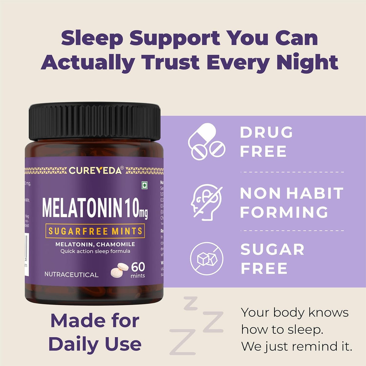 Cureveda Melatonin 10mg sugarfree mints bottle with product features on a beige background