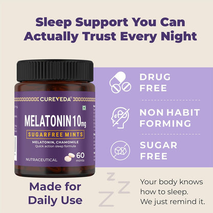 Cureveda Melatonin 10mg sugarfree mints bottle with product features on a beige background
