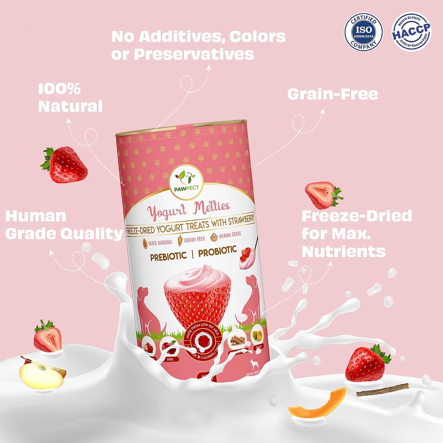 Pawfect Yogurt Melties Freeze Dried Pre and Probiotic Dog Treats with Strawberry, Apple, Papaya & Burdock Root - Healthy Gut- Low Calories- Grain & Gluten Free - Reward or Training Treats (38g/1.34oz)