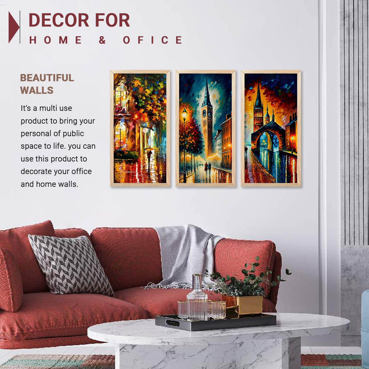 City View Decorative Modern Wall Art Print With Frame Abstract Paintings For Living Room Bed Room Hotel Wall Decor Digital Reprint Engineered Wood Set of 3 (Art 5, 10x19 inch)