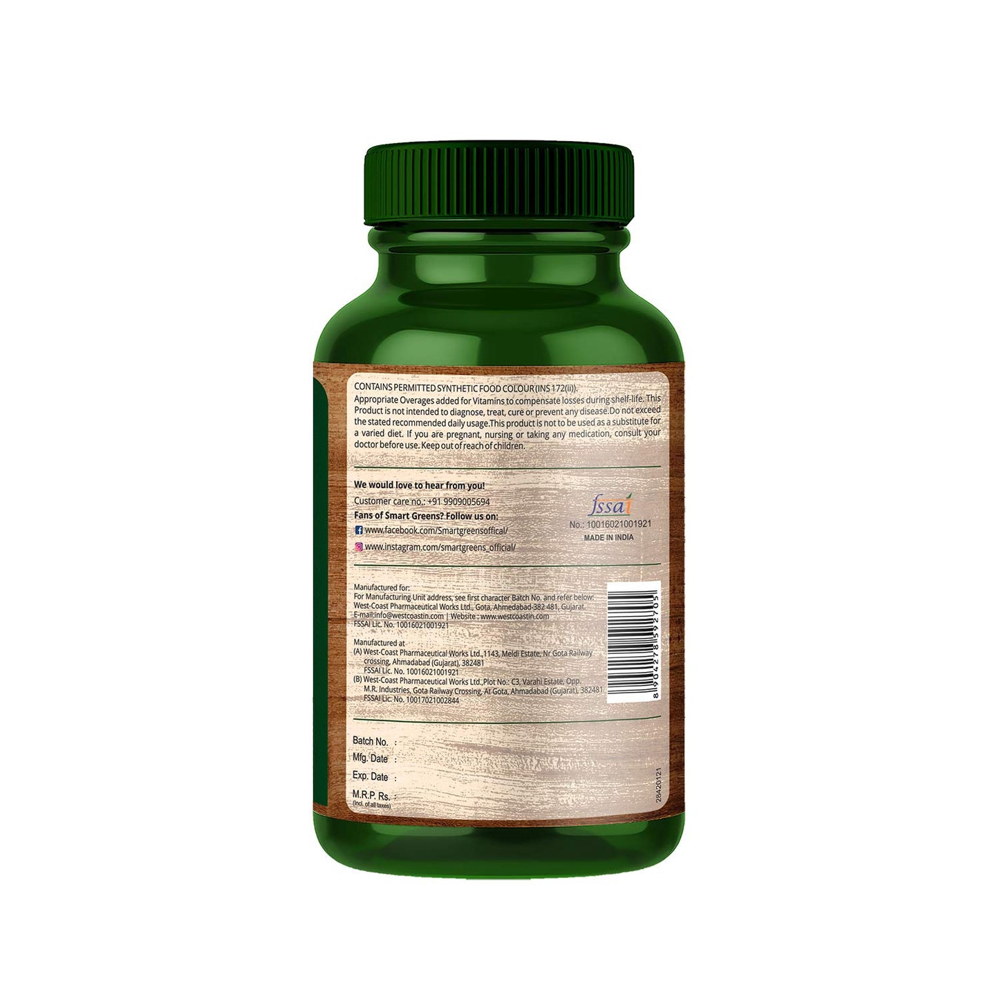 Green supplement bottle with label on a white background
