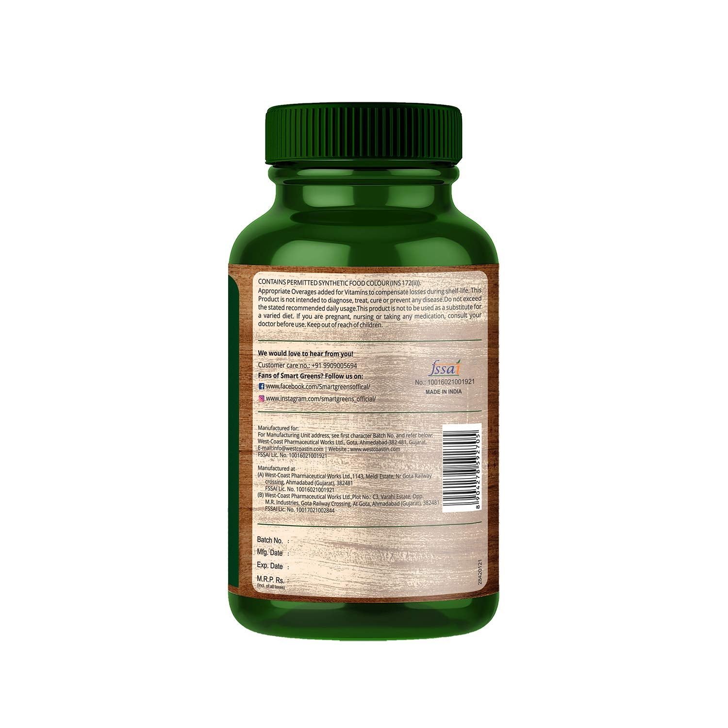 Green supplement bottle with label on a white background