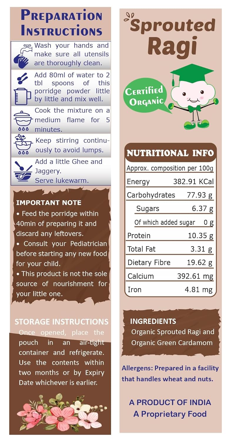 TummyFriendly Foods Certified Organic Sprouted Ragi Flour For Little Ones. Made of Organic Sprouted Ragi Powder , Baby Cereal for 6-12 months. Shelf Life 6 Month | 200g