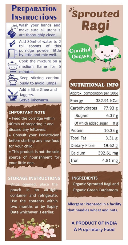 TummyFriendly Foods Certified Organic Sprouted Ragi Flour For Little Ones. Made of Organic Sprouted Ragi Powder , Baby Cereal for 6-12 months. Shelf Life 6 Month | 200g