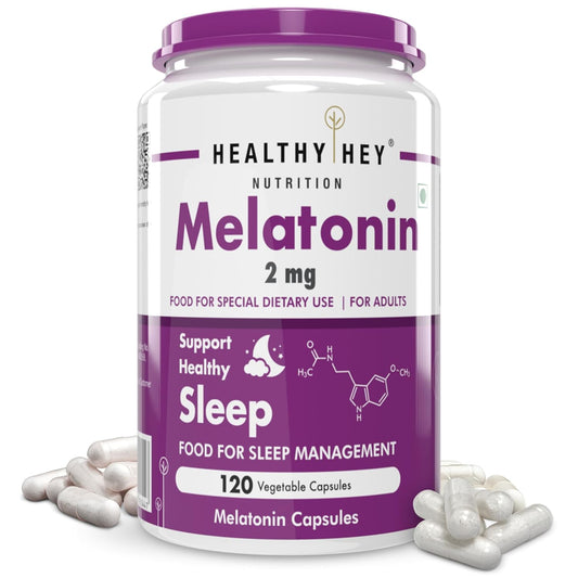 Melatonin supplement container with white label and purple cap on a white background