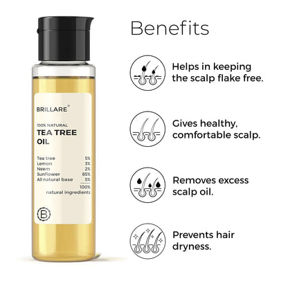 Brillare 5% Tea Tree Oil for Dandruff & Itchy Scalp | Removes Dandruff from Roots | 100% Natural, Preservative-Free with Tea Tree, Lemon & Neem