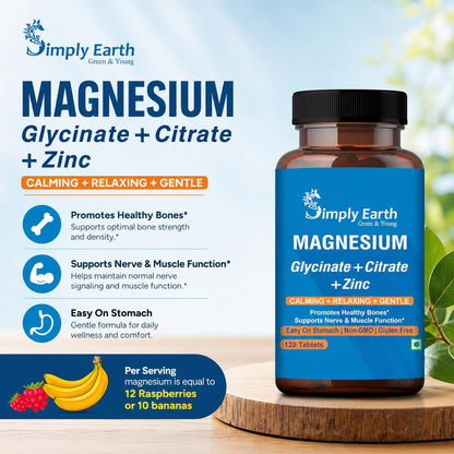 Simply Earth Magnesium Complex supplements - 120 Veg Tablets with Magnesium Glycinate; Citrate; Oxide & added Zinc - Promotes Healthy Bones; Supports Nerve & Muscle Function