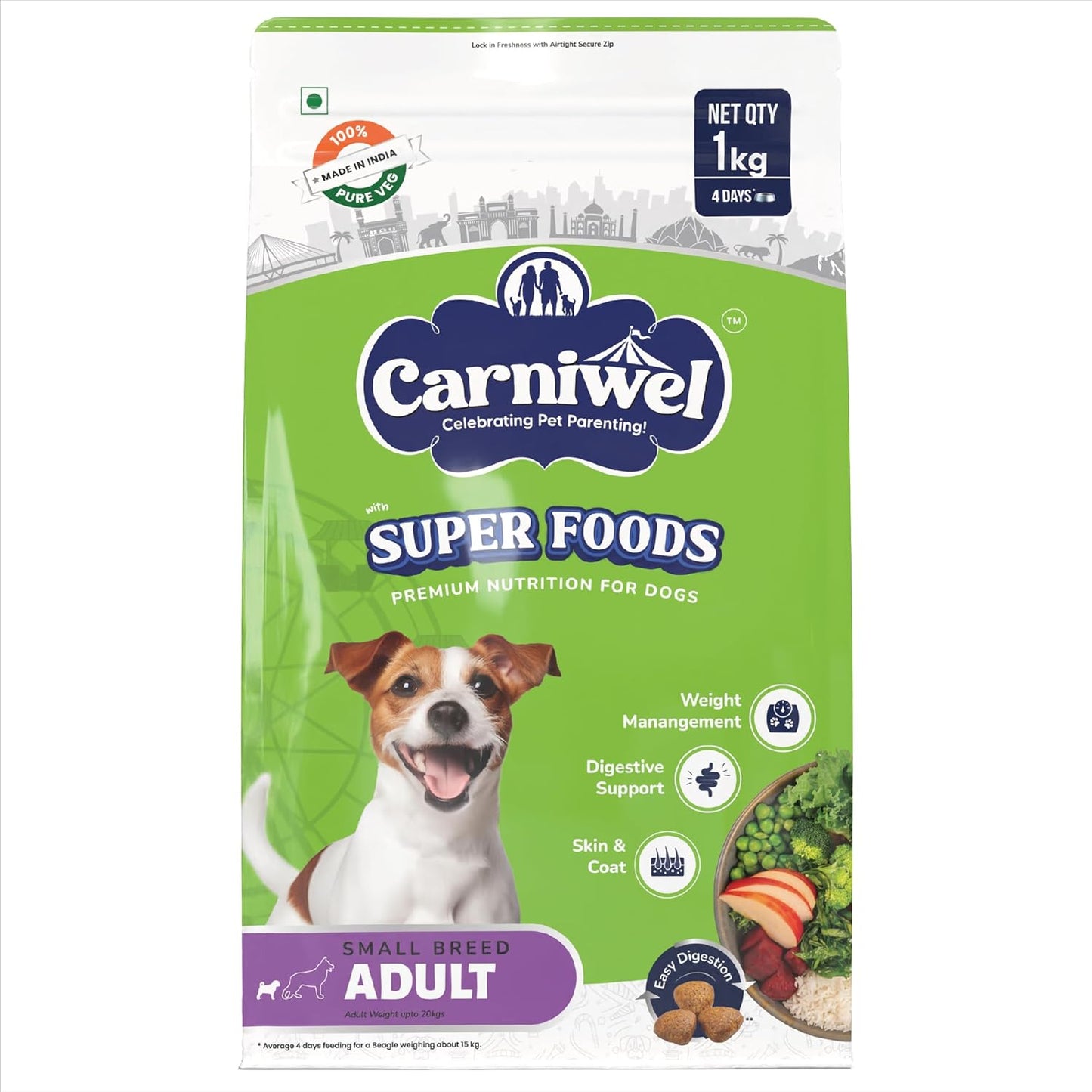 Carniwel Superfoods Adult Dry Dog Food 1Kg | 100% Vegetarian | Fresh & Natural Ingredients | Highly Palatable | GMO Free | Premium Nutrition for Small Dogs