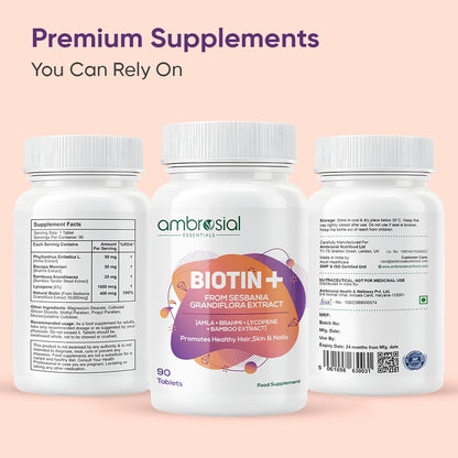 Three bottles of Ambrosial Biotin+ supplement on a pink background with text about premium supplements.