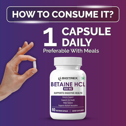 Biotrex Nutraceuticals Betaine HCL 650mg with Pepsin | Enzyme Support | Gut Health | Water Balance | Supports Nutrient Absorption & Reduces Fat | 60 Veg Capsules