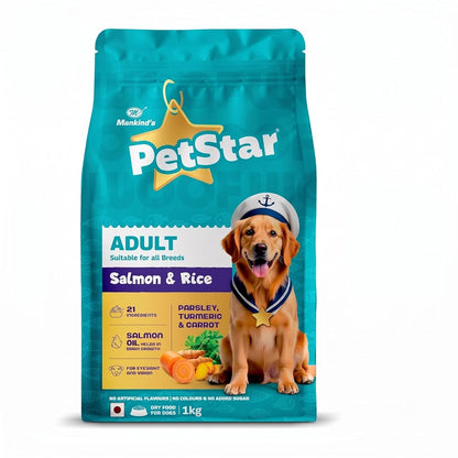 Mankind Petstar Adult Dry Dog Food (High Protein) Salmon & Rice Flavor, 1kg Pack | Improves Muscle & Strength, Supports Immunity, Protects Liver & Kidney