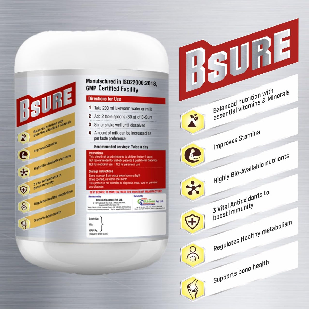 BSURE supplement container with label and features on a gray background