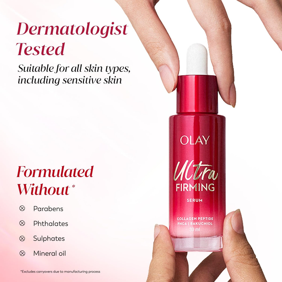 Olay Ultra Firming Serum bottle held by a hand with product details on a white background