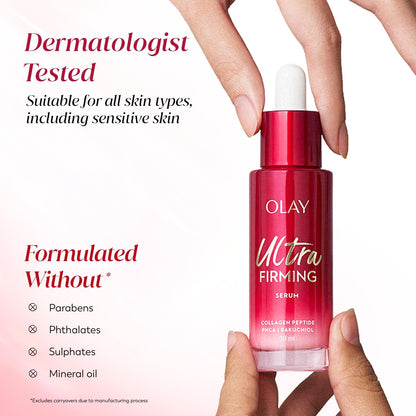 Olay Ultra Firming Serum bottle held by a hand with product details on a white background