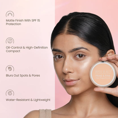 Woman applying compact powder to her face with product details on a pink background