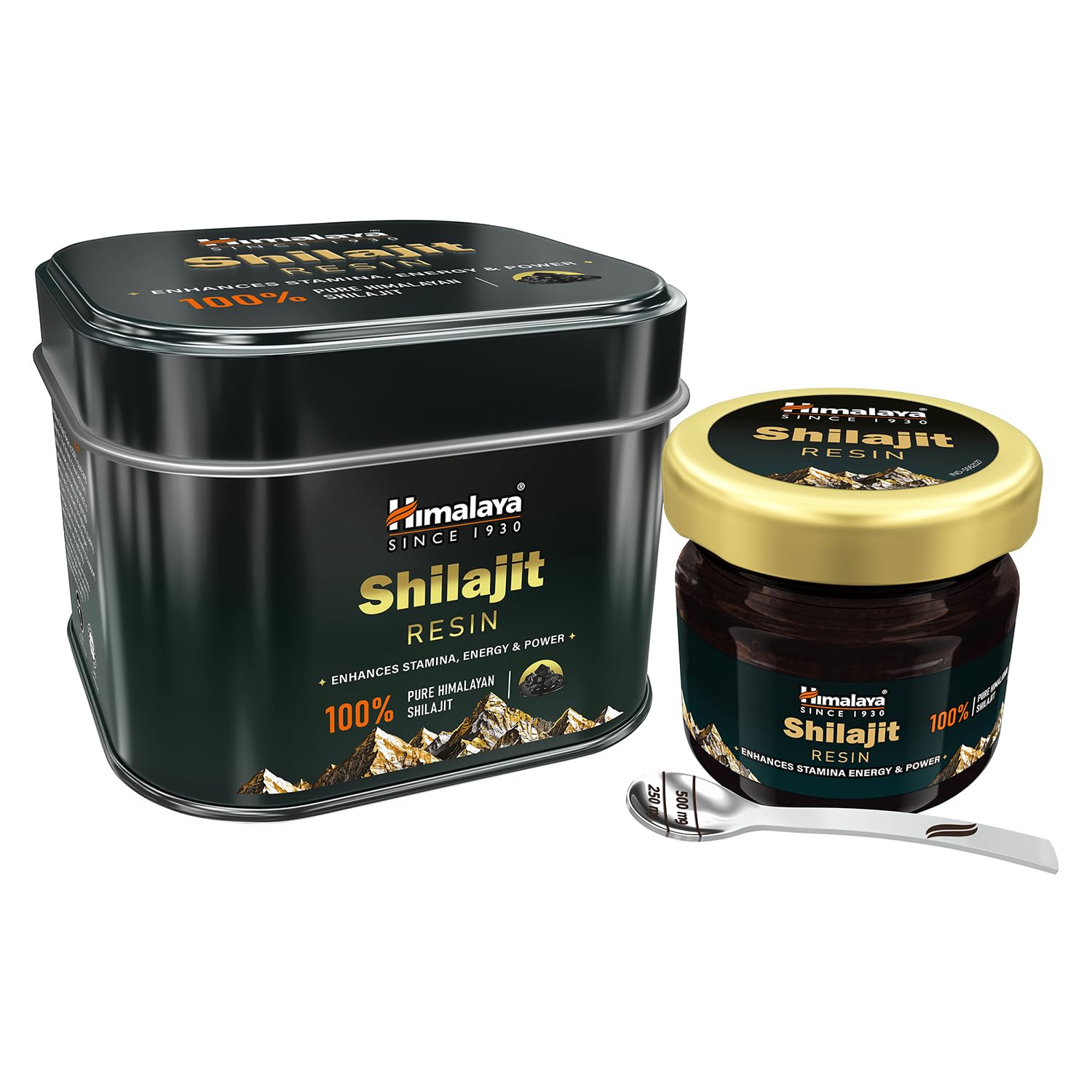 Himalaya Shilajit resin packaging with a jar and spoon on a white background