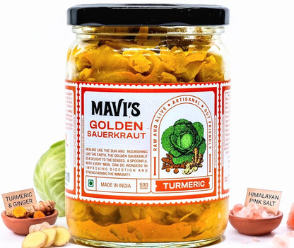 MAVI's Golden Sauerkraut| Spicy, Organic & Natural Cabbage & Fresh Turmeric | Gut friendly | 100% Natural & Vegan | No Preservatives | No Artificial Flavour or Colour | 500g (Pack of 1)